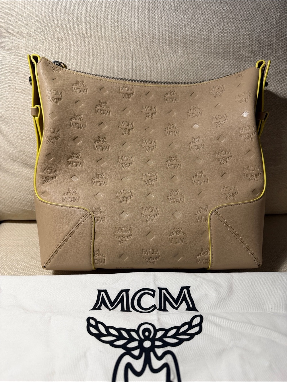 MCM Taupe Leather Shoulder Bag with Yellow Trim